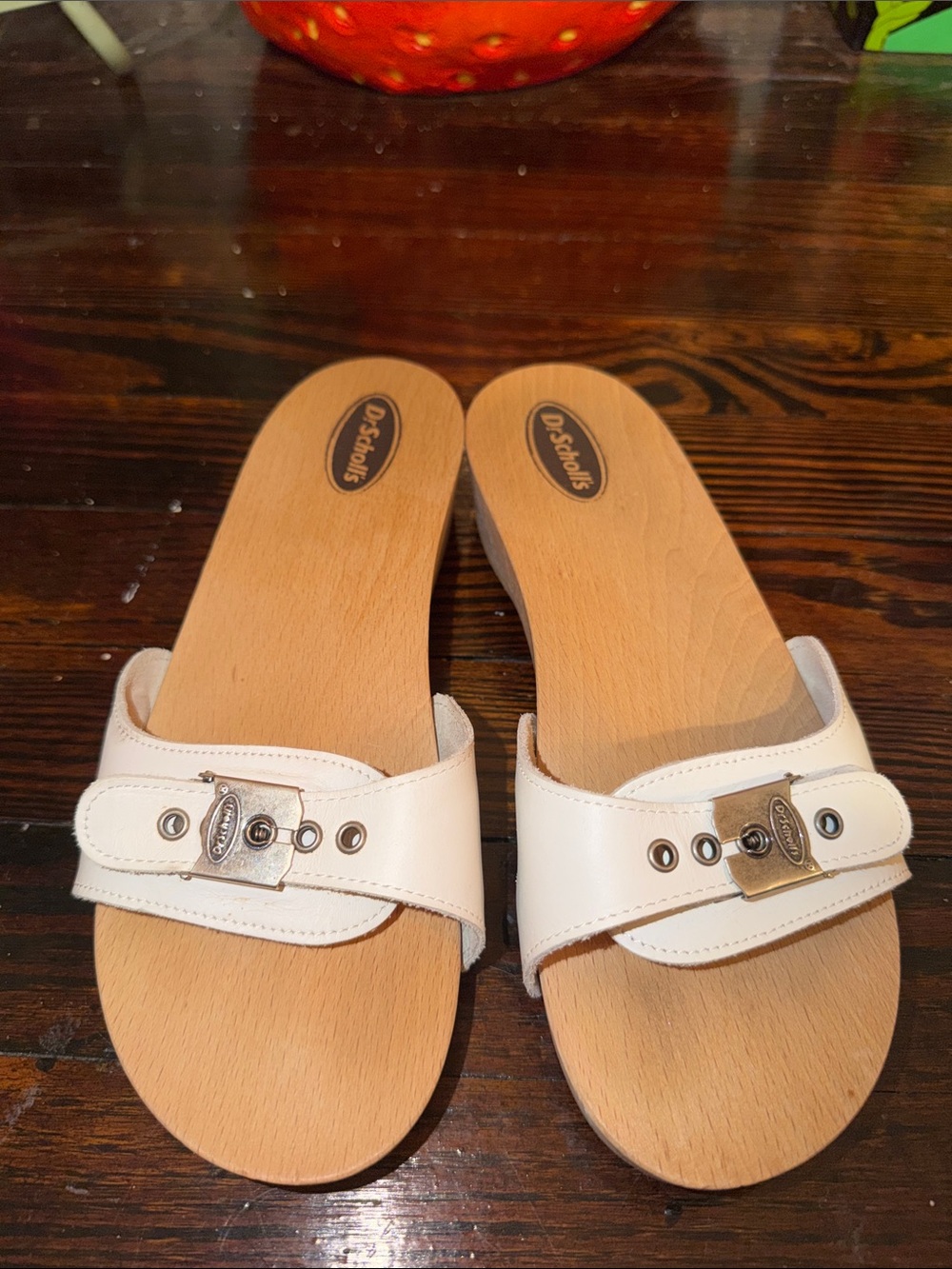 Dr. Scholl's White Leather Slide Mules with Silver Buckle